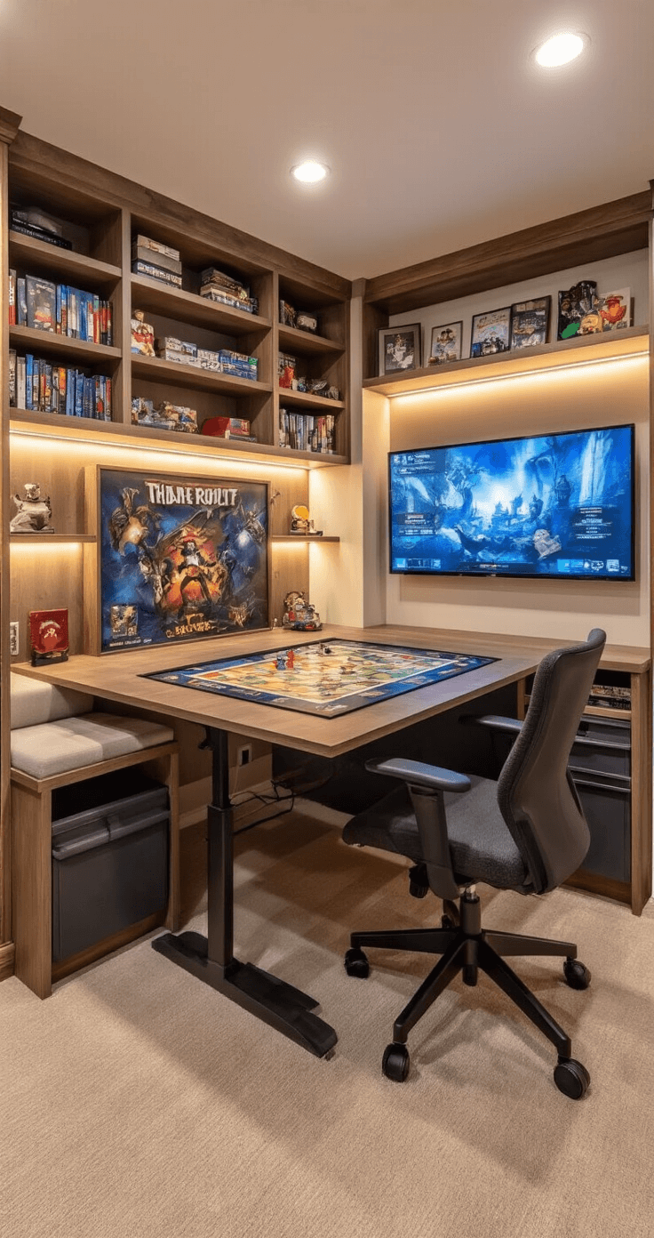 A cozy 10x12ft game nook within a home office featuring a multi-functional game table with a flip-top surface and integrated storage, ergonomic rolling chairs, and floor-to-ceiling shelves filled with games and memorabilia, illuminated by soft task lighting.