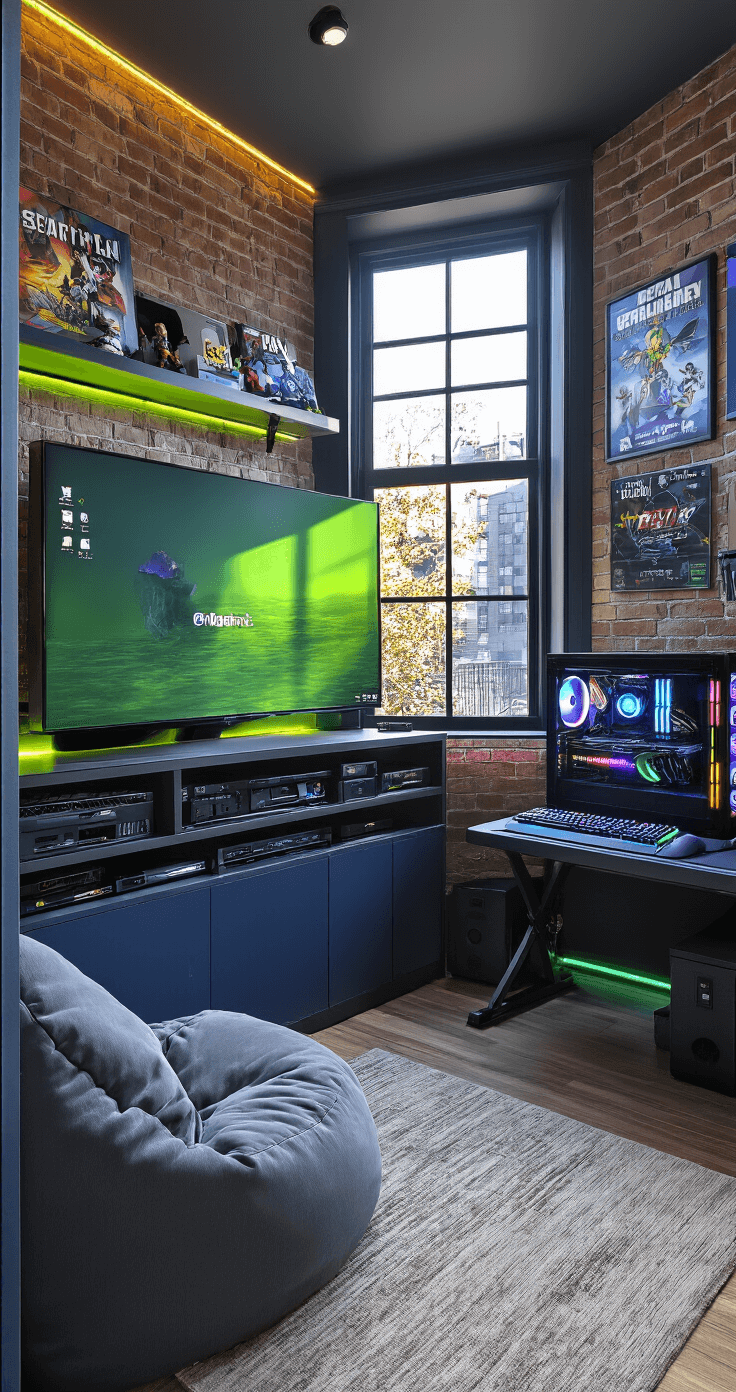 A compact game room with exposed brick walls and a bay window, featuring a wall-mounted TV, gaming desk with PC setup, plush bean bag, and futon, all illuminated by late afternoon sunlight and LED strips in navy and neon green.