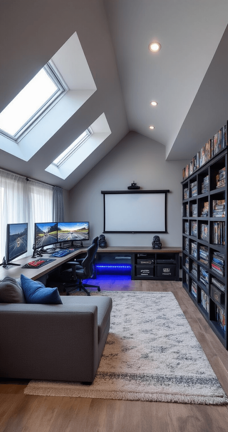 An attic game room with sloped ceilings and dormer windows, featuring a custom-built gaming station with multiple monitors, a racing simulator, extensive game collections on industrial shelving, and a charcoal gray sectional sofa facing a descending projector screen, all illuminated by soft morning light and electric blue accents.