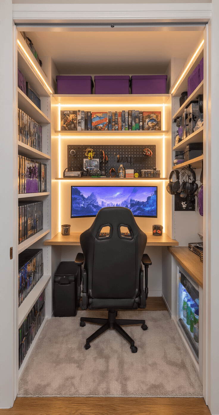A cozy converted closet gaming nook featuring built-in shelving, warm LED lighting, a compact gaming chair, a floating desk with a curved ultrawide monitor, and organized game cases.
