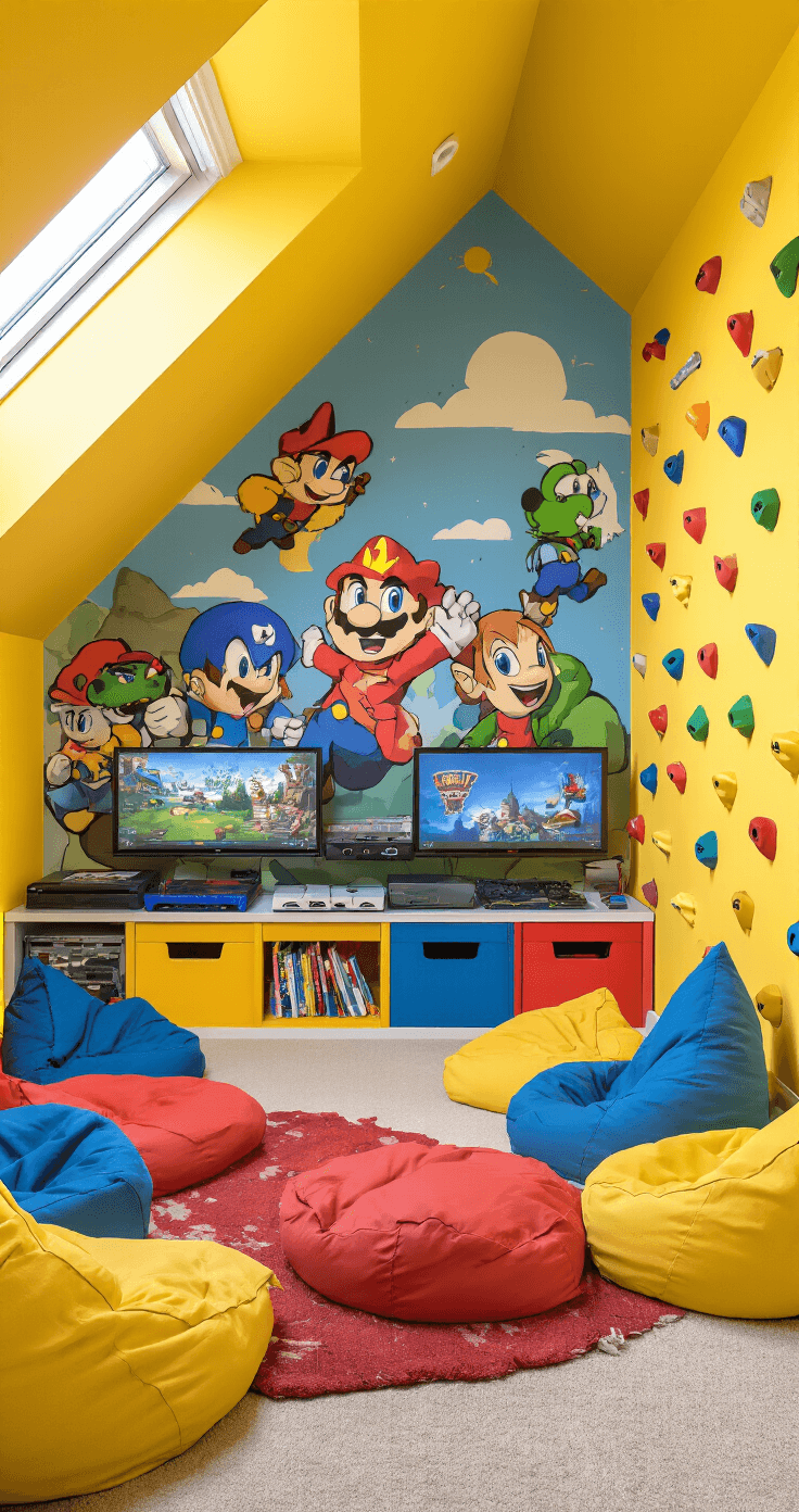 A bright and colorful kids' gaming room featuring a slanted ceiling, with mid-morning sunlight from skylights, a mural of gaming characters, a vibrant storage unit, and playful seating; an energetic and imaginative space.