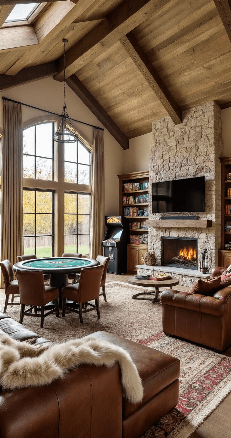 A cozy rustic-modern family game room featuring vaulted ceilings, a large stone fireplace, built-in bookshelves, leather sectional, poker table, and vintage arcade machine, all bathed in warm golden hour light.