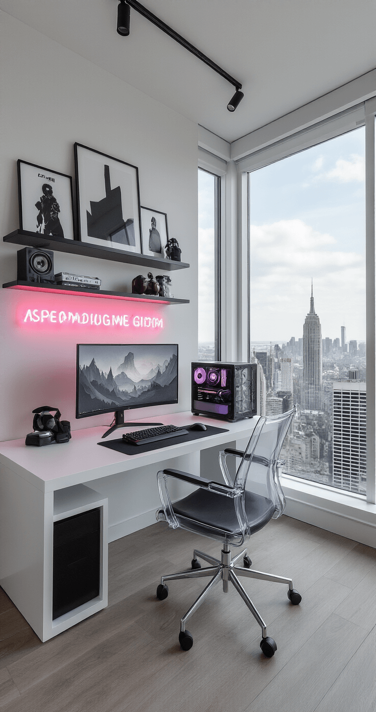A minimalist 10x10ft gaming setup in a modern loft featuring a white floating desk, sleek all-white PC, transparent acrylic chair, and curated monochromatic art on floating shelves, with a stunning city view through floor-to-ceiling windows, bright natural light, and a neon pink LED sign accent.