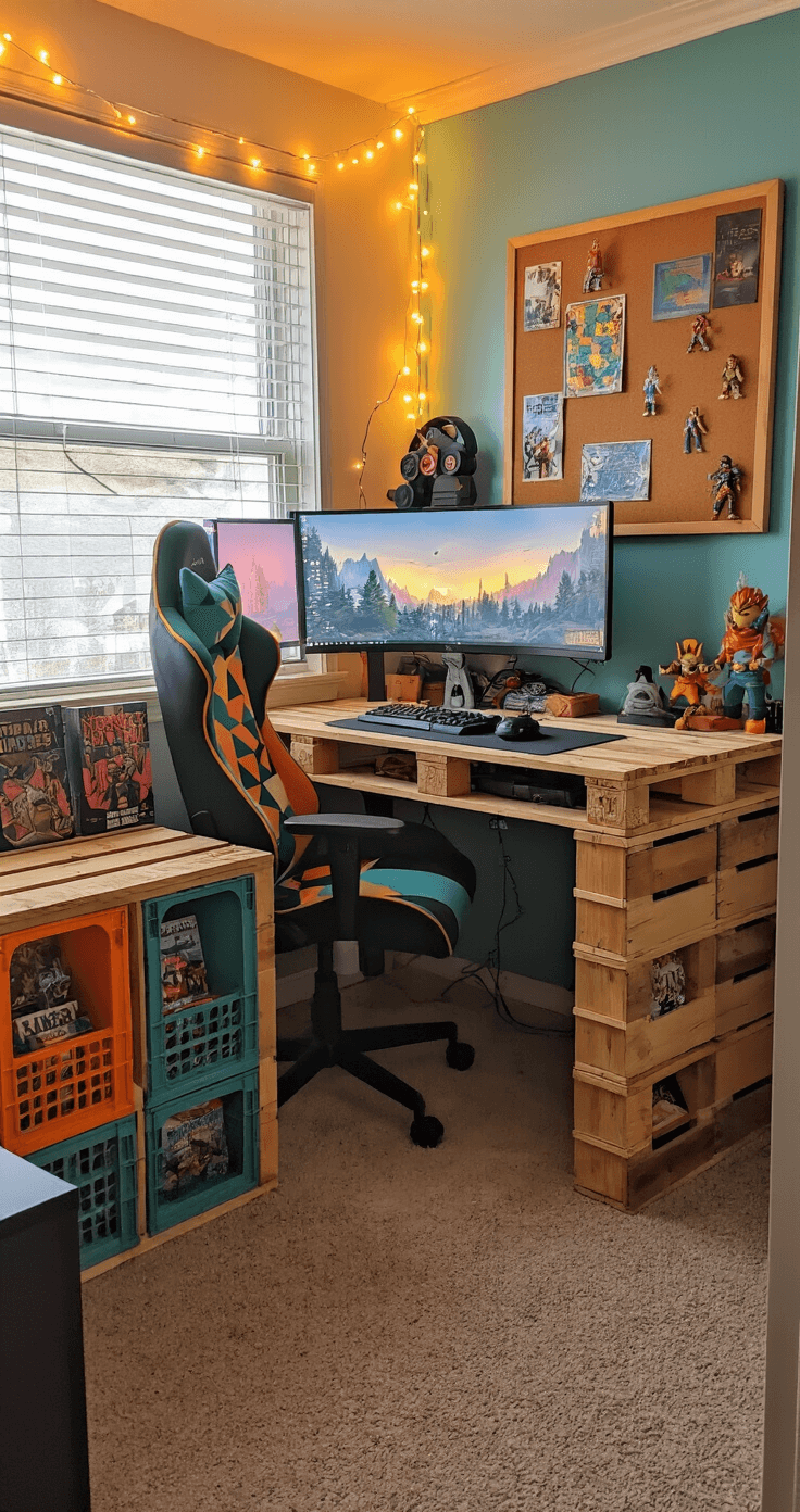 A cozy and creative DIY gaming corner in a shared living space, featuring a wall-mounted wooden pallet desk with dual monitors, a reupholstered thrift store gaming chair, colorful milk crate shelving, hand-painted gaming artwork, and a large cork board, all illuminated by warm evening light and whimsical fairy lights.