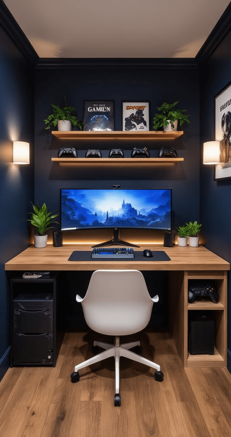 A sophisticated gaming nook with dark navy walls, warm wood flooring, and soft lighting. It features a custom-built desk with a curved ultrawide monitor, a sleek gaming console, illuminated shelves for controllers, a minimalist white gaming chair, potted plants, and framed gaming artwork. The camera angle is slightly elevated, showcasing the room's clean lines and organization.