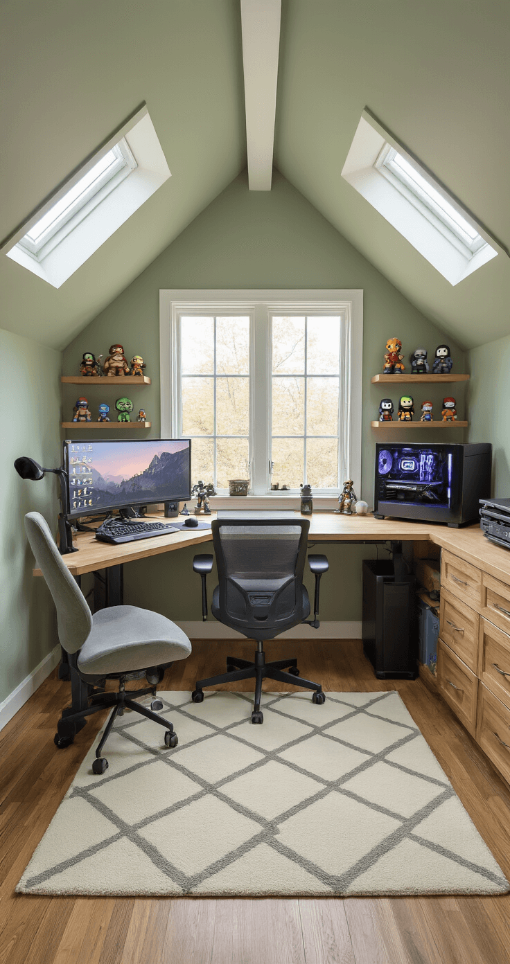 A cozy 12x14ft room with slanted ceilings and dormer windows, filled with soft morning light. A compact sit-stand desk with dual monitors and gaming equipment faces the window. The walls are sage green, with natural wood accents and a cream and gray geometric area rug. An ergonomic kneeling chair provides alternative seating, while floating shelves display indie game figurines in this tranquil gaming retreat.