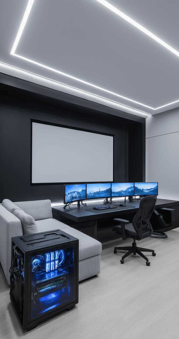 A modern minimalist gaming room featuring a floating matte black desk with five monitors, a custom liquid-cooled gaming rig in a ventilated cabinet, a large projector screen, and a light gray modular sectional sofa, all illuminated by recessed LED lighting with electric blue RGB accents.