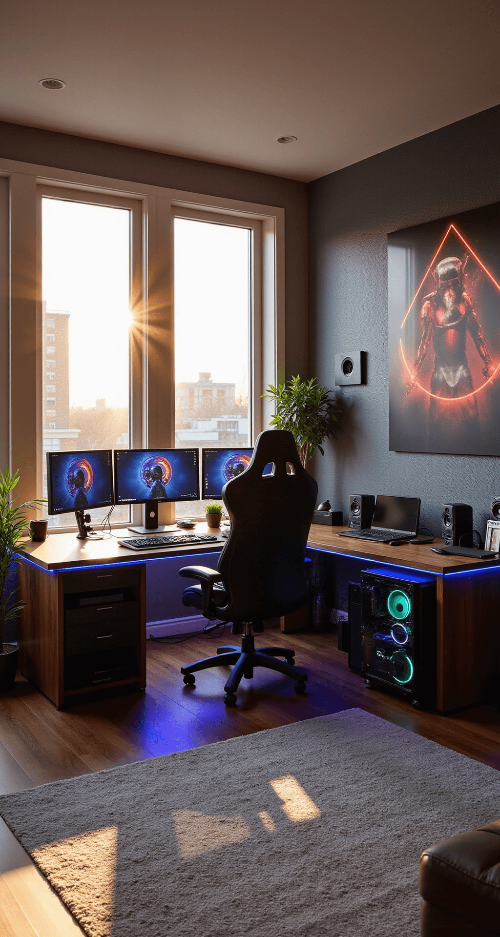 Gaming Setup: Essentials, Inspiration, and Practical Tips A spacious gaming room featuring a large L-shaped desk with a triple monitor setup and custom-built PC, illuminated by late afternoon sunlight streaming through floor-to-ceiling windows. An ergonomic black leather chair sits centered, surrounded by LED strip lighting and organized cables. Walls are decorated with soundproofing panels and neon game art, including a prominent Star Wars poster, all captured from a low angle.