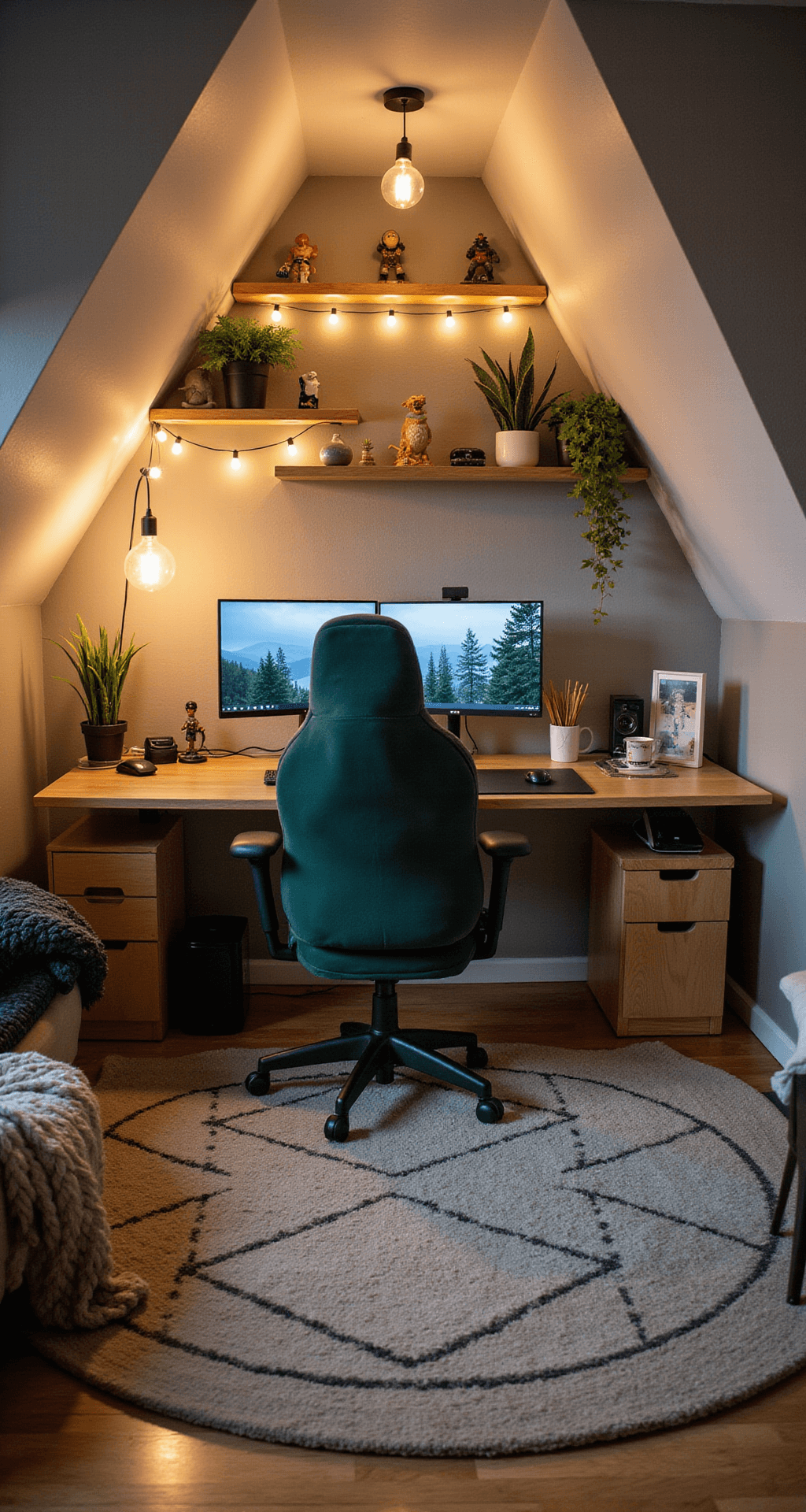Gaming Setup: Essentials, Inspiration, and Practical Tips A cozy gaming nook in a slanted attic, featuring a white oak floating desk with dual ultrawide monitors, ambient Edison bulb string lights, and a forest green velvet gaming chair. Shelves hold gaming figurines and plants, while a geometric patterned rug, chunky knit throw, and faux fur pillows add texture and warmth.