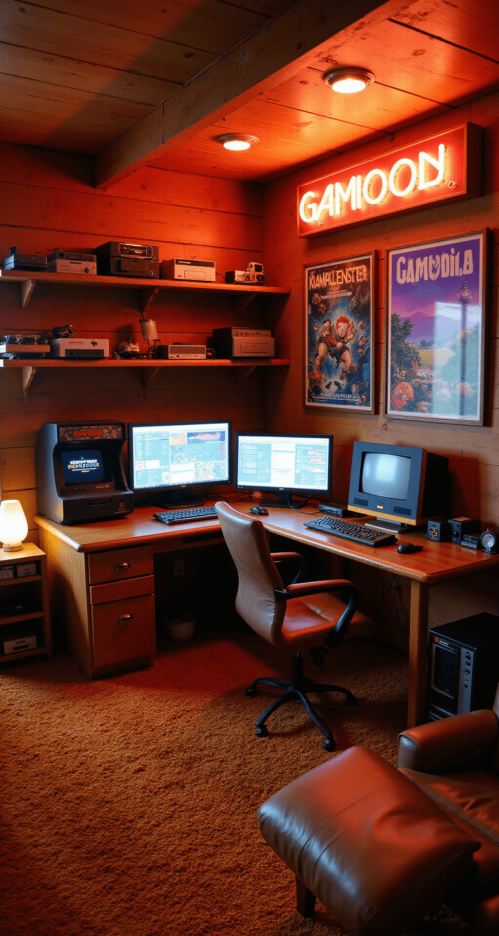 Gaming Setup: Essentials, Inspiration, and Practical Tips A retro gaming den in a basement, featuring warm lighting from lava lamps and neon signs, with a large wooden desk housing an arcade cabinet, CRT monitors beside a modern gaming rig, vintage posters on wood-paneled walls, shag carpet in burnt orange, and a leather recliner, all captured from a high corner angle.