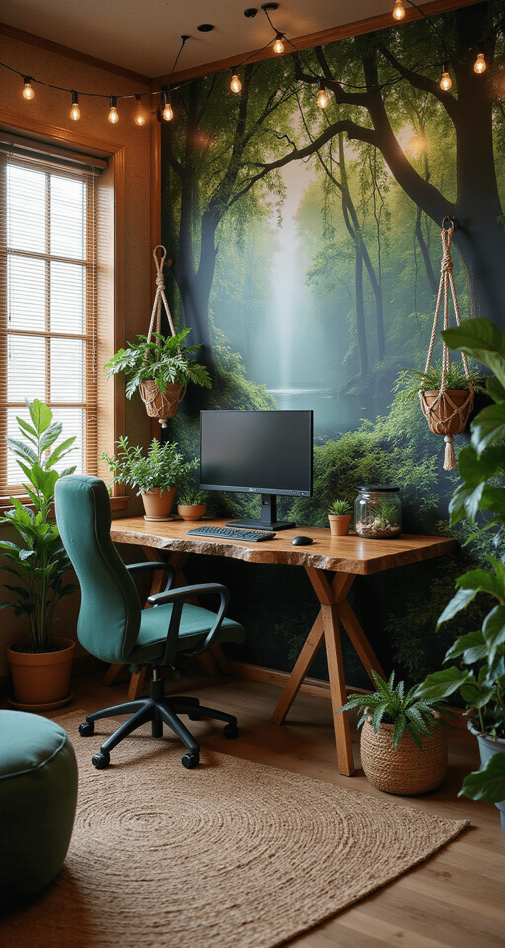 Gaming Setup: Essentials, Inspiration, and Practical Tips A serene gaming oasis with a live-edge wooden desk and curved monitor, surrounded by potted plants. The space is illuminated by soft natural light filtering through bamboo blinds, featuring an ergonomic green chair, cascading macrame hanging plants, and a large terrarium. A misty forest mural adorns one wall, while fairy lights overhead enhance the magical atmosphere. Natural textures like a jute rug, woven baskets, and cork wall tiles create a harmonious blend of technology and nature.