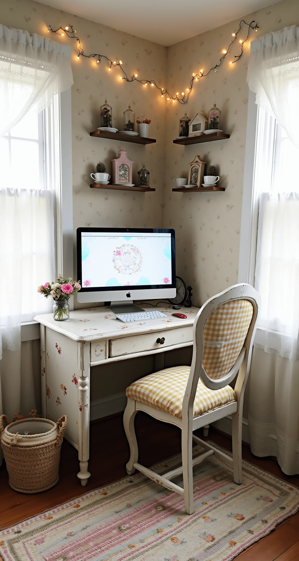 Gaming Setup: Essentials, Inspiration, and Practical Tips A cozy cottagecore-inspired gaming retreat featuring a vintage writing desk with a monitor, floral wallpaper, and a gingham cushioned chair, illuminated by soft light from lace curtains, with fairy lights and a crocheted rug adding charm.