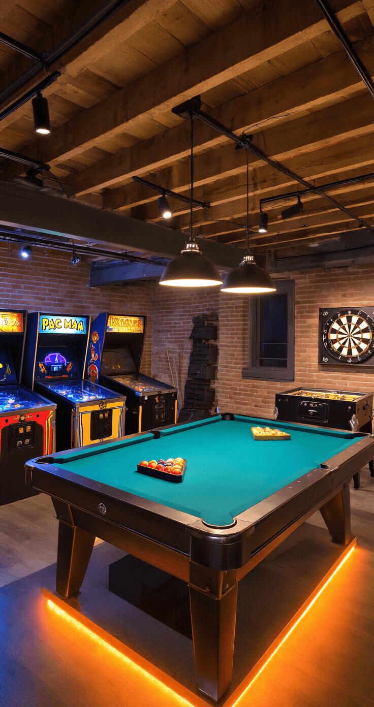 A spacious basement game room featuring exposed wooden beams and industrial track lighting, highlighted by warm LED strips. The room includes a central pool table with a pendant light, a retro arcade corner with vintage games, a dart board, and a foosball table, all captured in a wide shot that showcases the energetic and inviting atmosphere.