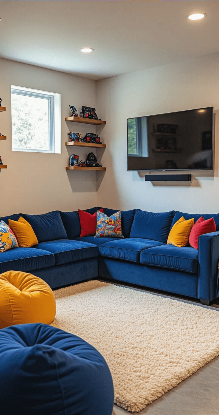 Cozy basement game room corner with a plush deep blue velvet L-shaped sofa adorned with colorful throw pillows, surrounded by complementary bean bags, a thick cream shag rug on polished concrete, and a mounted TV with gaming memorabilia on floating shelves, all bathed in soft, warm afternoon light.