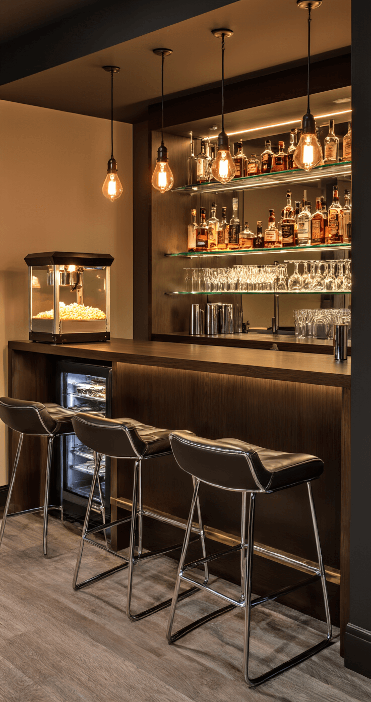 A stylish basement home bar area illuminated by warm pendant lights, featuring a dark wood bar counter with modern chrome and leather stools, illuminated glass shelves displaying spirits and glassware, a vintage popcorn machine, and a cleverly integrated mini-fridge, all creating a sophisticated and fun atmosphere.