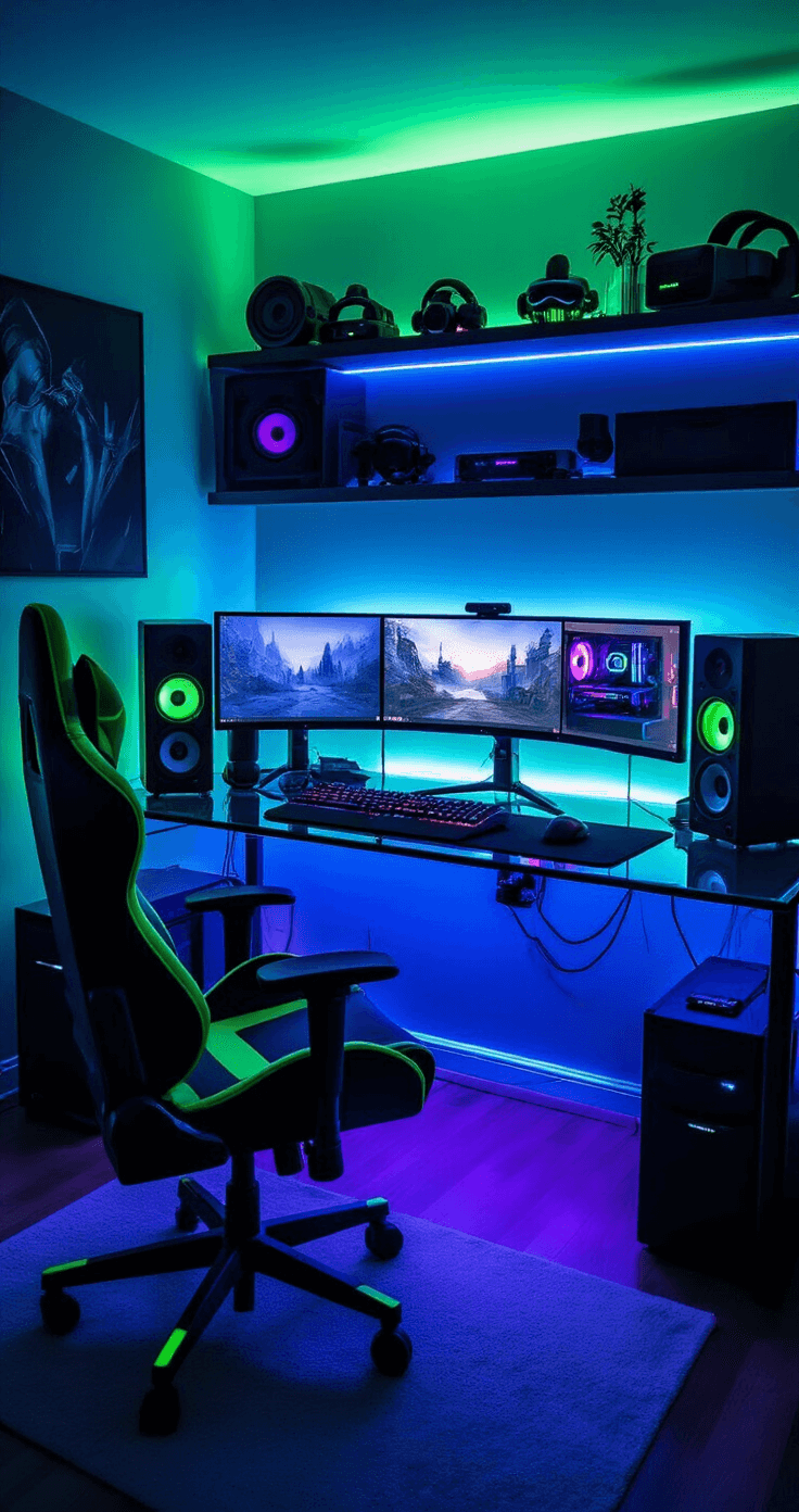 A high-tech gaming setup in a dark basement, featuring a curved ultrawide monitor on a glass desk, high-end speakers, a black and neon green gaming chair, and neatly arranged VR equipment. Impeccable cable management and cool blue and green RGB lighting create an intense and immersive atmosphere.