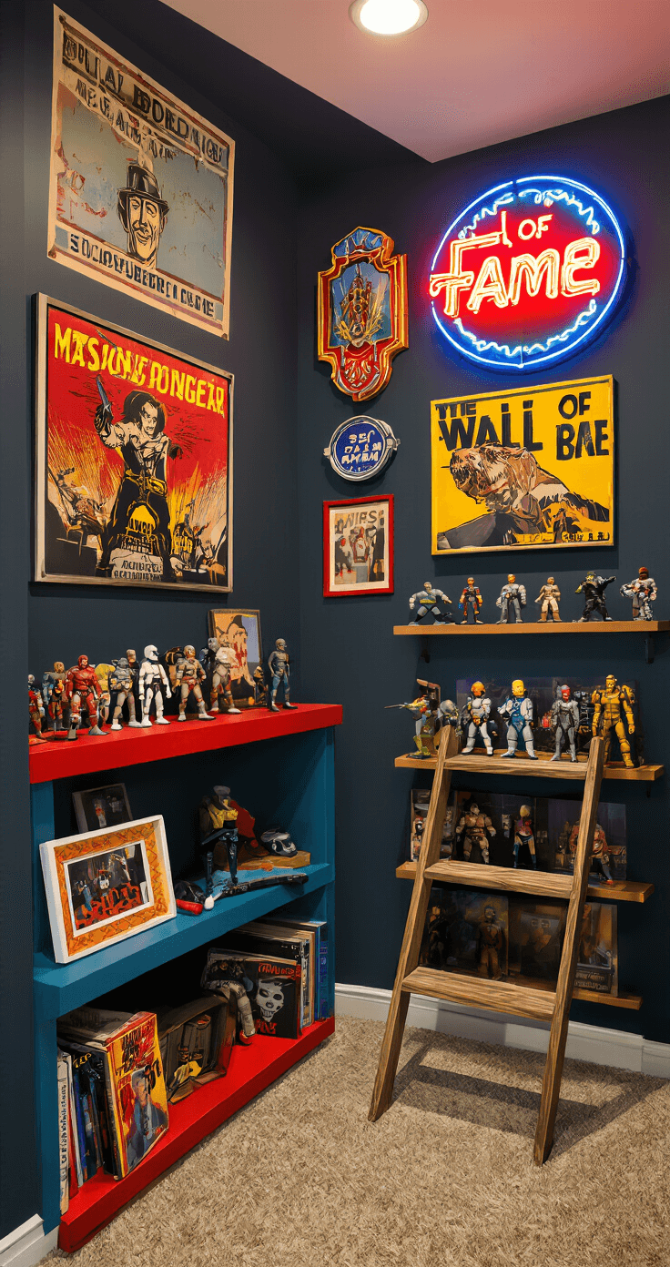 A colorful, retro-inspired basement game room wall featuring vintage movie posters, neon signs, and shelves filled with action figures. A 'Wall of Fame' displays framed photos from memorable game nights, all illuminated by ambient recessed lighting. A quirky ladder bookshelf enhances the nostalgic mood against a dark backdrop.