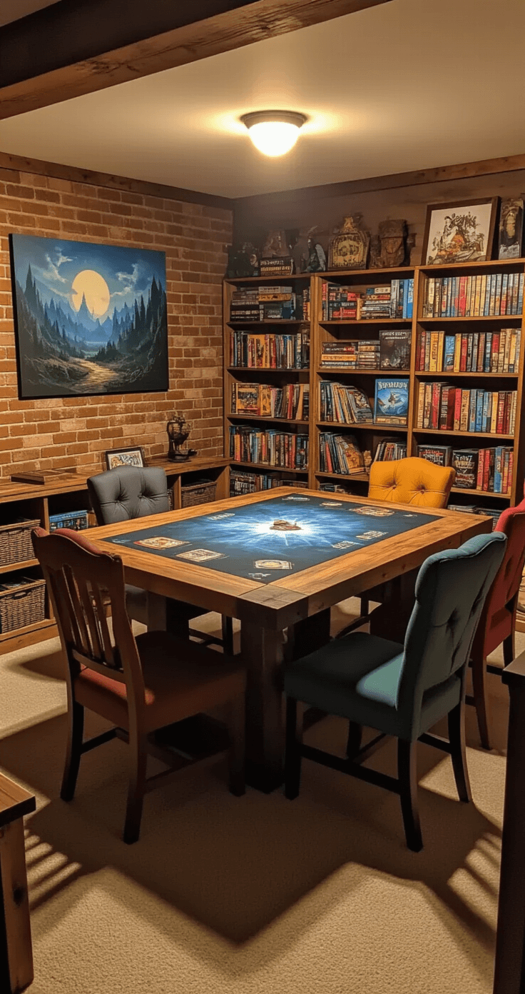 A cozy basement gaming area with warm lighting, featuring a large custom-built tabletop RPG table surrounded by mismatched thrifted chairs. A bookshelf filled with board games and rulebooks is nearby, and DIY pallet art of fantasy landscapes decorates the walls. The elevated camera angle captures the inviting setup, emphasizing a creative and collaborative atmosphere.