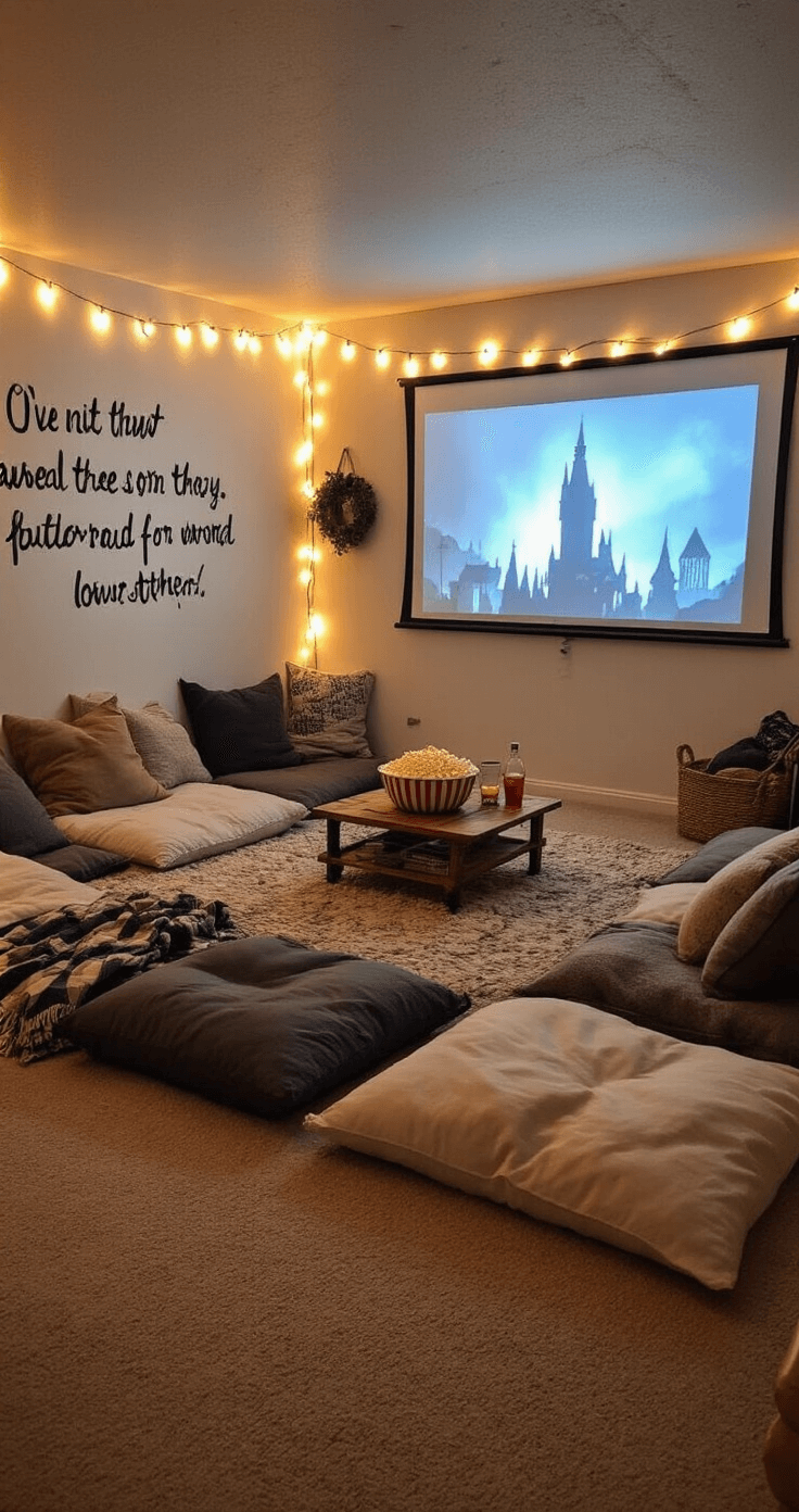 A cozy basement movie nook illuminated by warm string lights and a projector, featuring oversized floor pillows and blankets in a comfortable seating area, with a vintage popcorn bowl on a side table and hand-painted movie quotes on the walls, captured from the back of the room.
