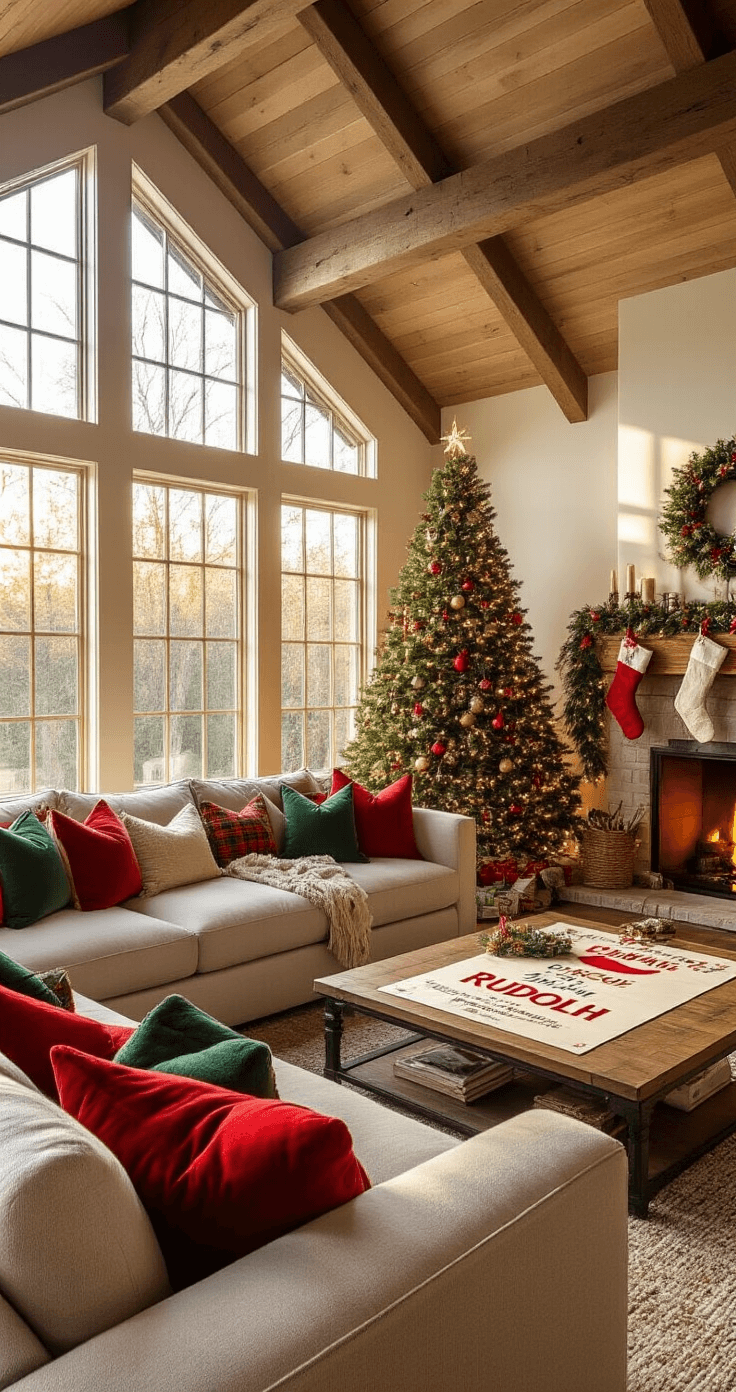 A cozy living room with vaulted ceilings featuring a plush sectional sofa, a festive Christmas tree, and a game setup for 'Pin the Nose on Rudolph' under warm afternoon sunlight.