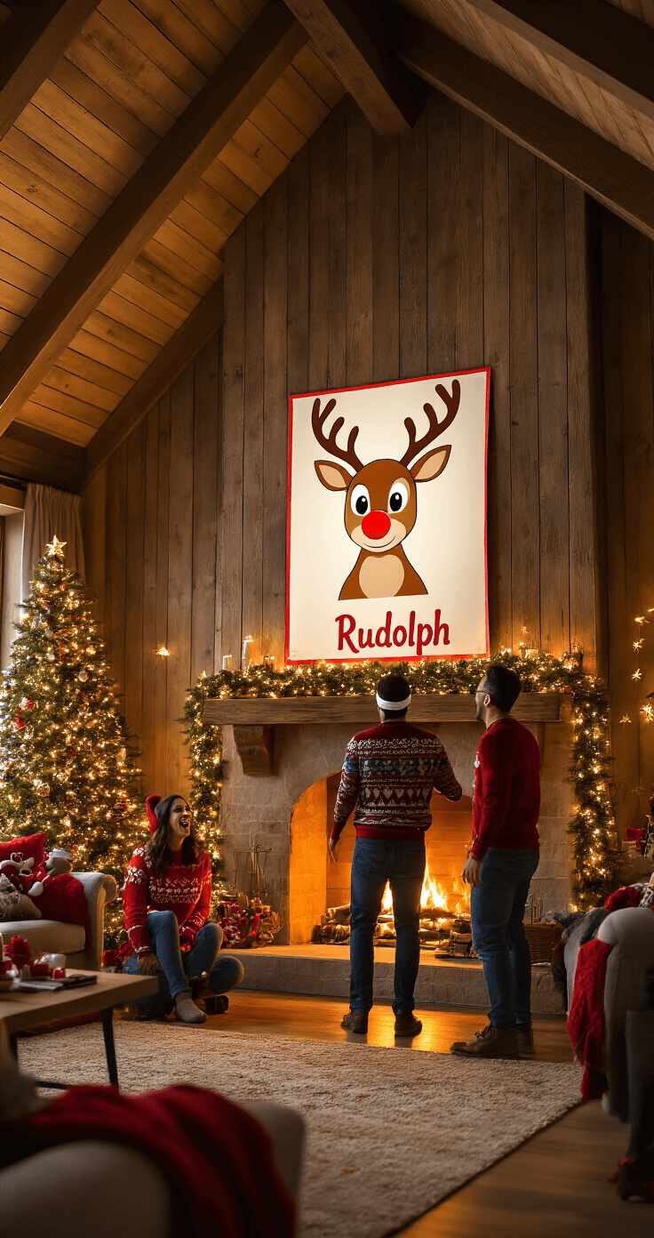 A cozy living room decorated for 'Pin the Nose on Rudolph', featuring a large Rudolph poster on a wood-paneled wall, adults in festive sweaters laughing, and a blindfolded man approaching the poster. The room is warmly lit by a fireplace, adorned with Christmas decorations and a fully decorated tree.