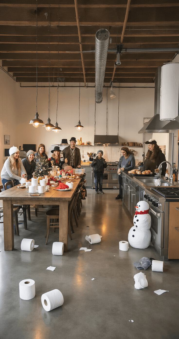A cozy open-plan kitchen and dining area with polished concrete floors, featuring two toilet paper 'snowmen' surrounded by laughing family members. In the background, warm ambient lighting highlights the farmhouse dining table and stainless steel appliances.