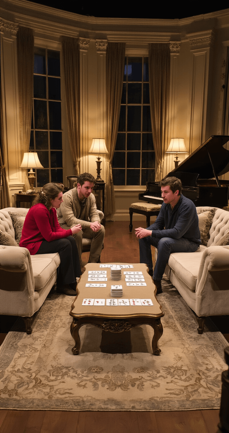 An elegant living room with warm lamplight showcasing two teams engaged in a game of 'Christmas Carol Opposites', seated on plush velvet sofas and armchairs around an ornate coffee table stacked with clue cards. The scene captures their concentrated and amused expressions, with a grand piano in the corner, viewed from a low angle behind one team.