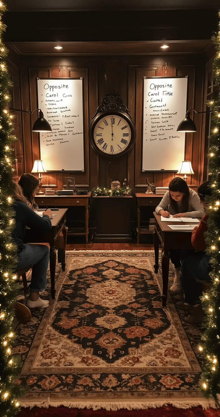 A cozy den filled with dark wood paneling and a plush rug, featuring two teams of adults competing around vintage desks, intense concentration on their faces, with whiteboards of carol titles in the background, dimly lit by strategic floor lamps, and adorned with tinsel and fairy lights.