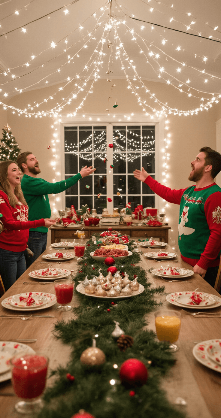 A festive dining room with a long table adorned with holly, where players toss Hershey's Kisses amidst laughter. Twinkling fairy lights create a magical atmosphere as chocolates soar through the air, some landing in hair and on ugly Christmas sweaters. A sideboard displays an array of holiday treats and vibrant punch.