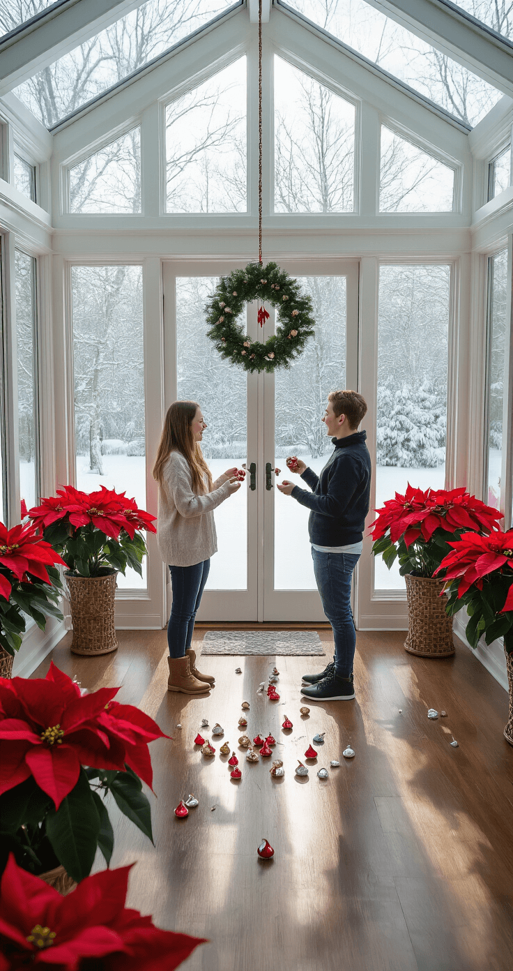 A bird's eye view of a spacious conservatory filled with pairs of players joyfully tossing unwrapped Hershey's Kisses, laughter in the air as chocolates miss their targets, leaving smudges on their faces. Bright midday winter light streams through floor-to-ceiling windows showcasing a snowy landscape. Potted poinsettias and white orchids adorn the edges, and a mistletoe ball hangs from the central light fixture. Close-up inserts capture the players' cheerful expressions amidst the playful chaos.