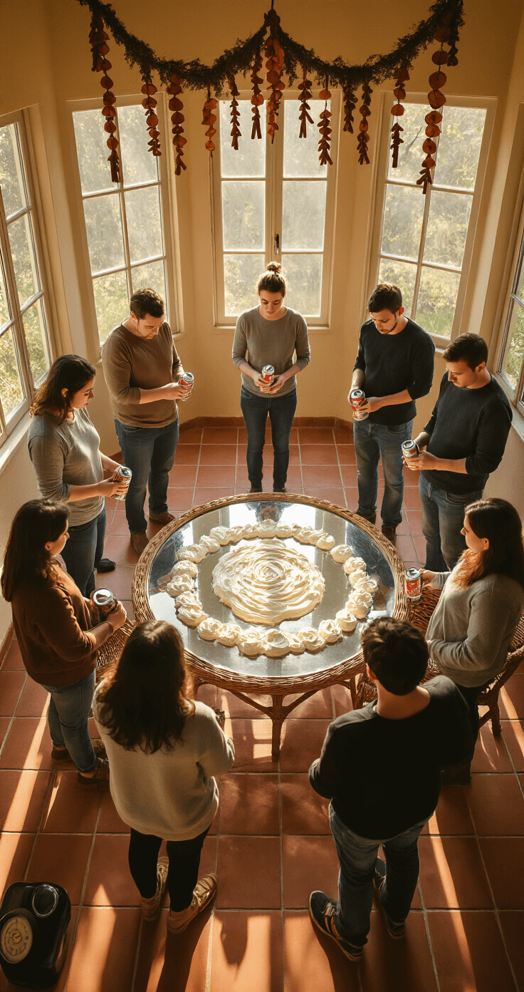An overhead shot of a rustic sunroom featuring a large mirror on the floor covered in whipped cream creations, surrounded by participants in a circle, each holding a can of whipped cream. The early morning light casts shadows, while garlands of dried orange slices and cinnamon sticks hang from the ceiling, adding to the ambiance. A timer ticks down nearby.