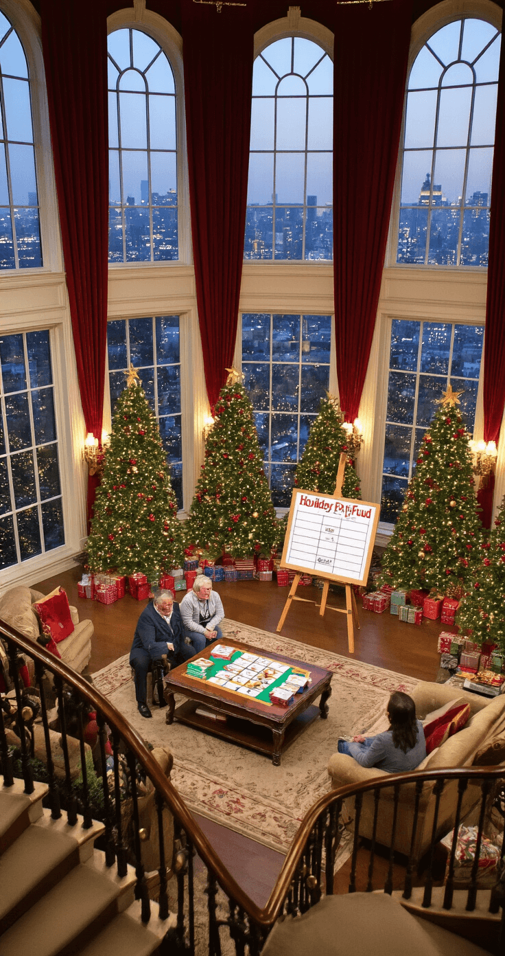 A wide shot of a grand living room with high ceilings, featuring two family teams engaged in a game of Holiday Family Feud around an antique coffee table. Multiple Christmas trees illuminate the room with warm light, and laughter fills the air as an outrageous answer is given. Luxurious velvet curtains frame towering windows showcasing twinkling city lights, while a large easel displays the game board. Selective focus emphasizes the animated expressions of the players.