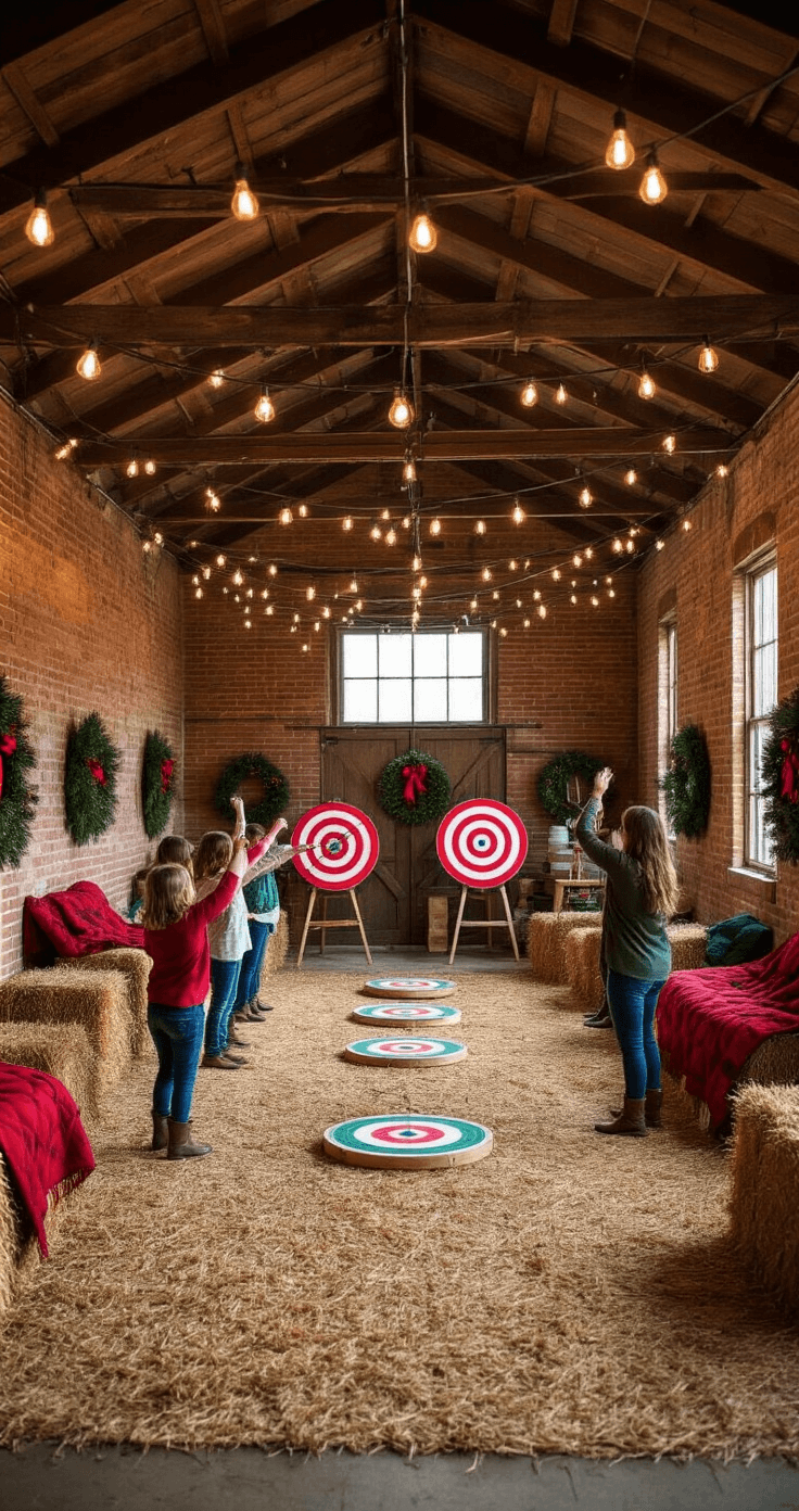 A festive barn interior decorated with exposed brick walls, Edison bulb lighting, and evergreen wreaths, featuring players of all ages engaged in the Jingle Bell Toss game with hay bale seating and a cozy hot cocoa station.