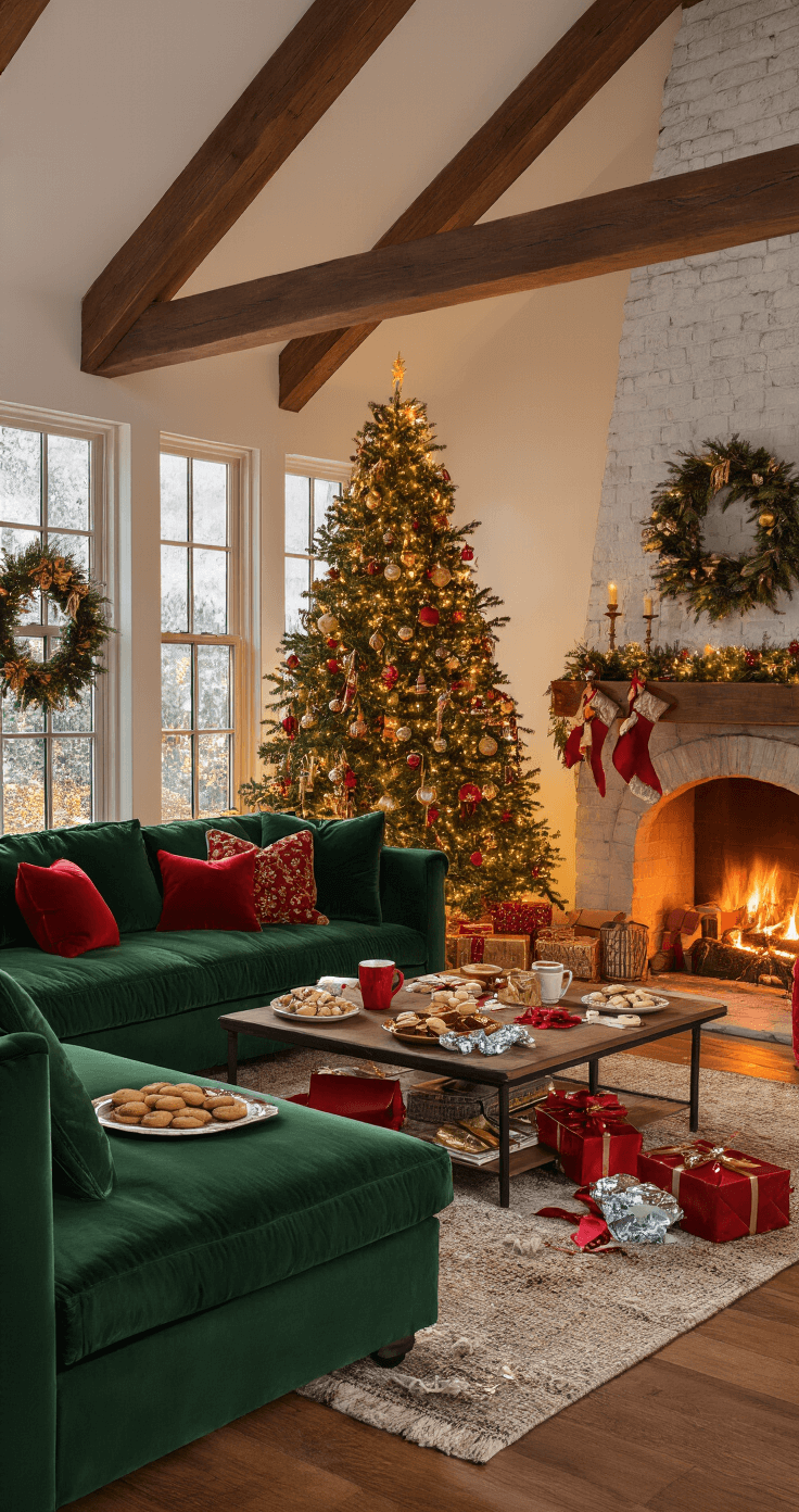 Jingle All the Way: The Ultimate Guide to Christmas Games That'll Sleigh Your Holiday Gatherings A cozy living room with vaulted ceilings and exposed wooden beams, featuring a plush forest green velvet L-shaped sofa, a grand Christmas tree adorned with vintage ornaments, and a warm fireplace. The space is illuminated by golden light, showcasing a coffee table with a half-finished game of White Elephant, cookies, and cocoa, against a backdrop of warm cream walls and a richly patterned area rug.