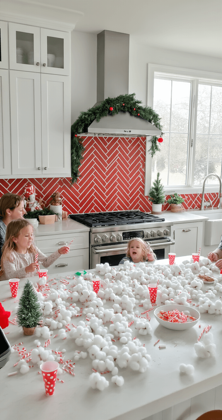 Jingle All the Way: The Ultimate Guide to Christmas Games That'll Sleigh Your Holiday Gatherings A bright, modern kitchen with white cabinets and stainless steel appliances, featuring a chaotic island covered in cotton balls, straws, and plastic cups from a game. Family members laugh and play, surrounded by cheerful decorations including a festive red and white backsplash and a small Christmas tree. The scene is illuminated by sunlight streaming through large windows.