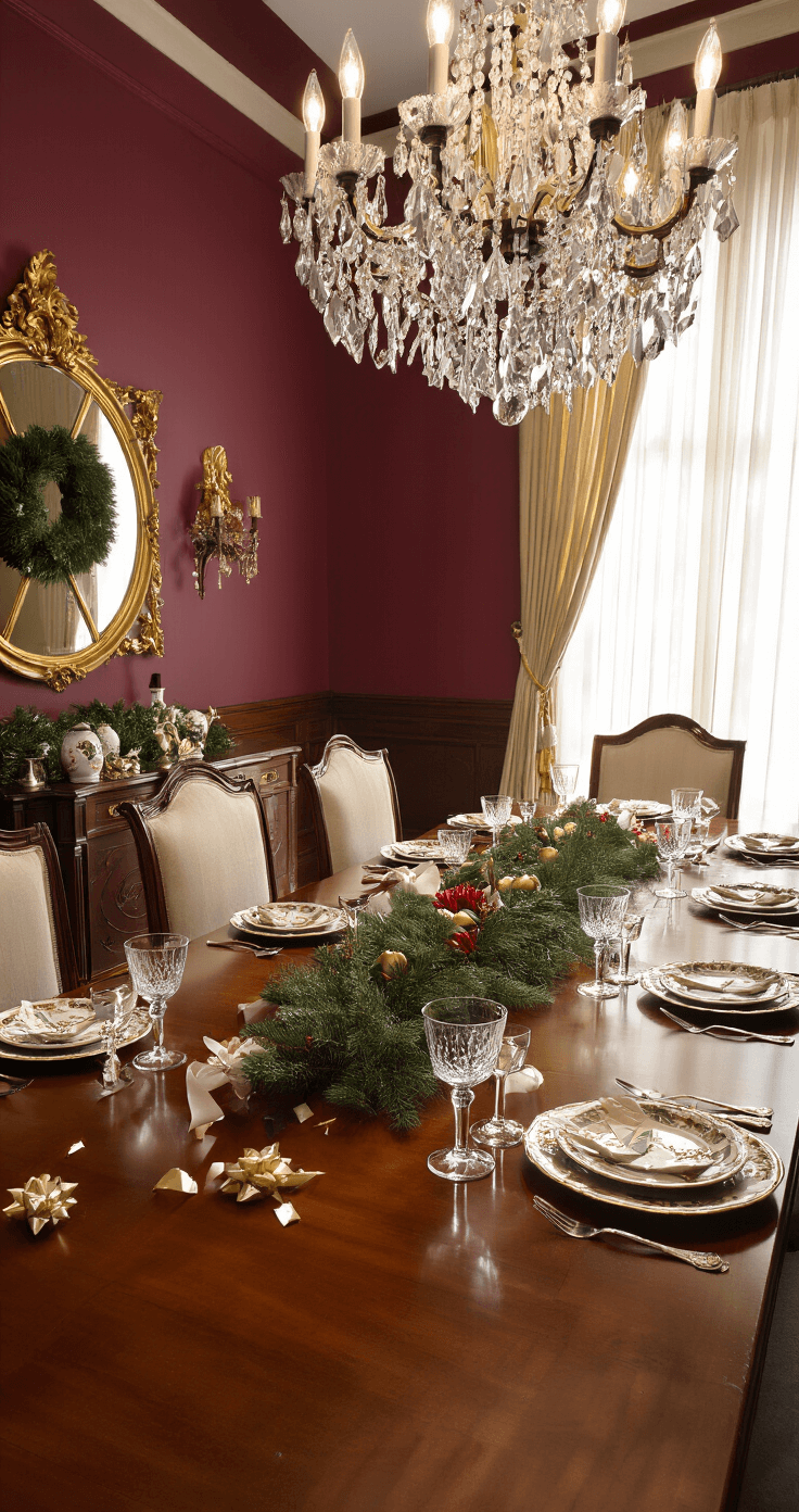 Jingle All the Way: The Ultimate Guide to Christmas Games That'll Sleigh Your Holiday Gatherings A formal dining room decorated for Christmas, featuring a long mahogany table set with fine china and sparkling silverware. Guests, blindfolded, participate in a 'Bow-lievable Challenge,' fumbly trying to scoop gift bows from the polished floor. The room is warmly lit by a crystal chandelier, with deep burgundy walls, gilded mirrors, and evergreen wreaths adding to the festive atmosphere.