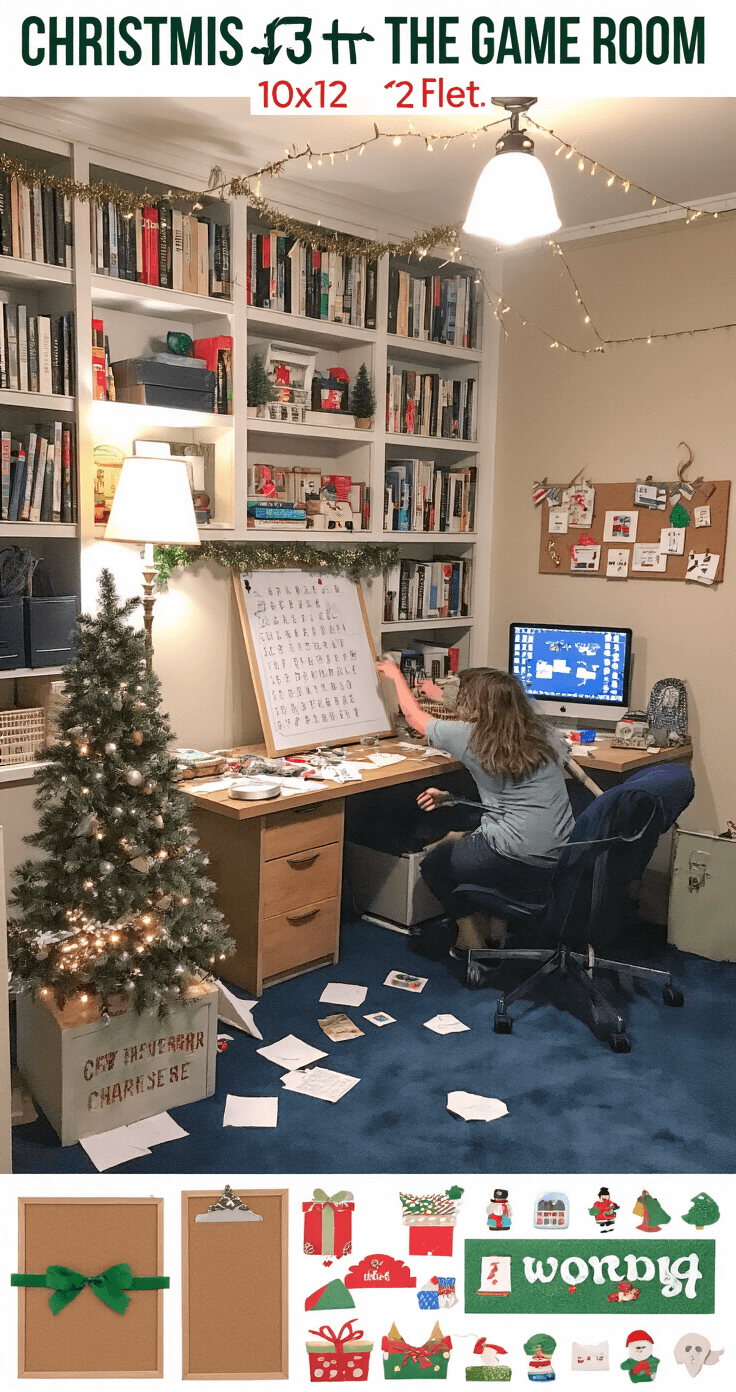 Jingle All the Way: The Ultimate Guide to Christmas Games That'll Sleigh Your Holiday Gatherings A warm, cozy scene of a transformed home office into a game room, with players gathered around a whiteboard engaged in a Christmas Word Scramble game, surrounded by twinkling lights, a small decorated tree, and tinsel-adorned bookshelves.