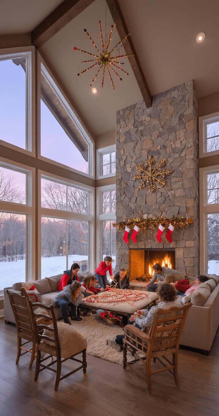 Jingle All the Way: The Ultimate Guide to Christmas Games That'll Sleigh Your Holiday Gatherings A cozy family room with a cathedral ceiling, featuring a massive stone fireplace and stockings. A group plays 'Hook the Tinsel' with candy canes while a snowy landscape is visible through large windows. The warm taupe walls are decorated with snowflakes, and a cream leather sectional sofa is draped with plaid blankets. The rustic coffee table holds cider mugs and gingerbread cookies, all illuminated by soft evening light.