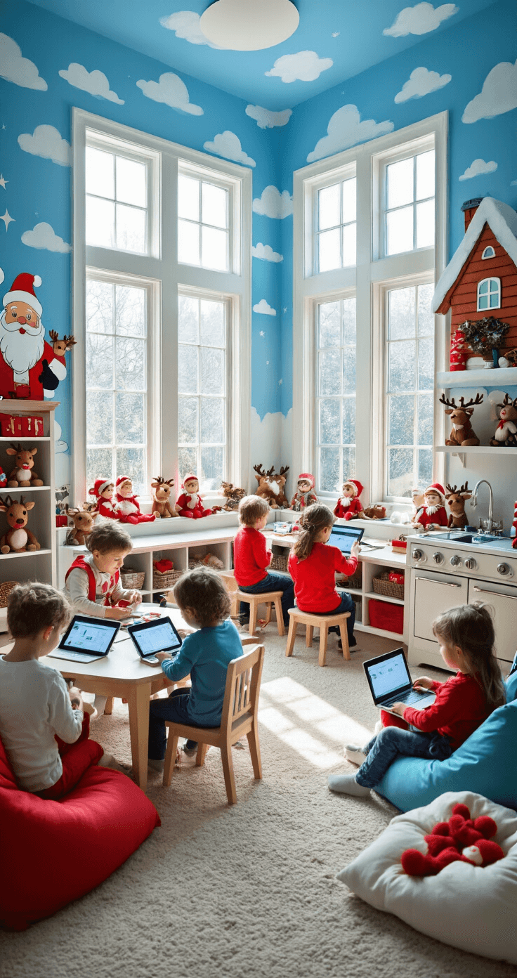 Jingle All the Way: The Ultimate Guide to Christmas Games That'll Sleigh Your Holiday Gatherings A high-angle view of a children's playroom transformed into a virtual North Pole, featuring kids engaged with tablets and laptops on a white shag rug, a cheerful sky blue wall with a Santa's workshop mural, and a corner play kitchen labeled 'Mrs. Claus's Bakery'. Bright daylight fills the room, highlighting vibrant colors and playful decor.