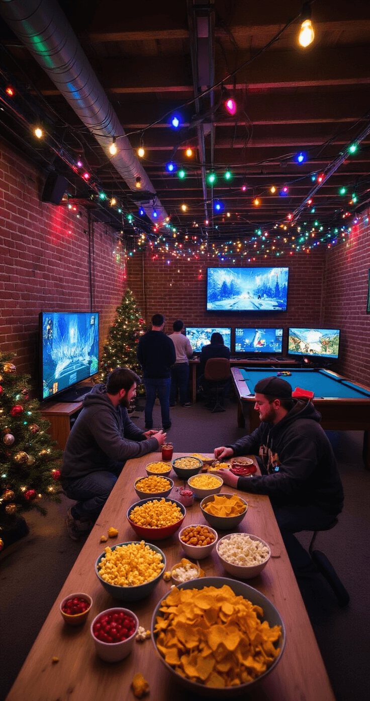 Jingle All the Way: The Ultimate Guide to Christmas Games That'll Sleigh Your Holiday Gatherings A vibrant finished basement game room, featuring exposed brick walls and colorful Christmas lights, with multiple gaming stations including a TV area for 'Winter Clash 3D', a computer setup for 'Bubble Charms Xmas', and a snack-laden pool table, all filled with excited players and festive decor.
