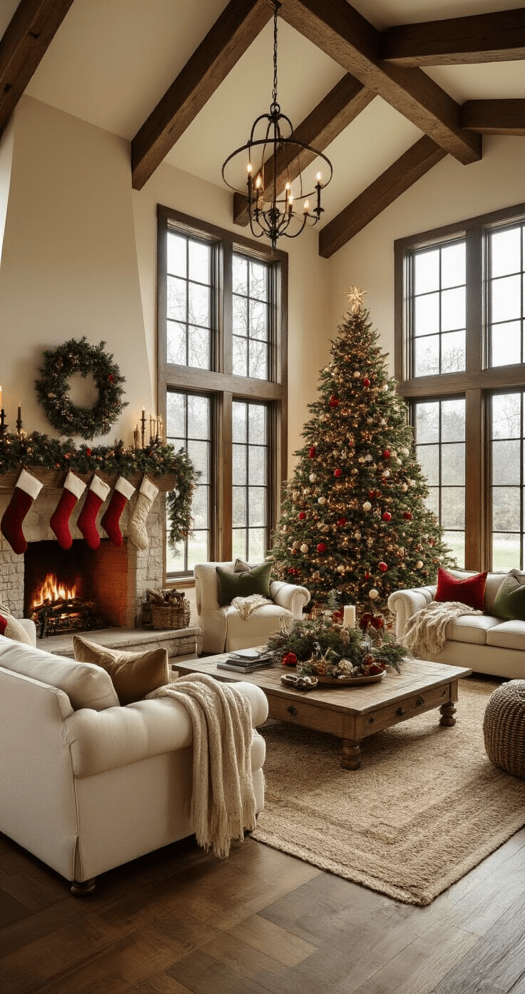 Spacious living room decorated for Christmas, featuring a grand tree, vintage ornaments, plush seating, and family playing charades under warm, golden sunlight streaming through bay windows.