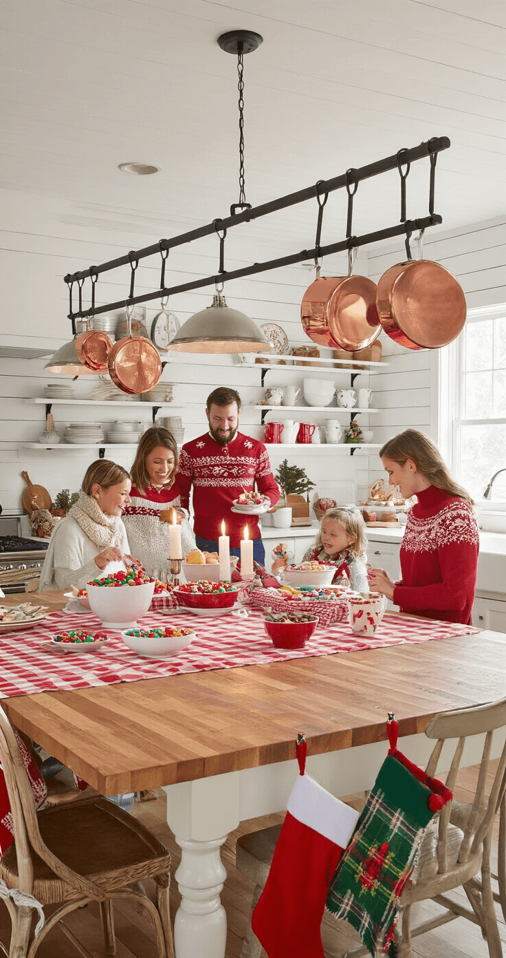 A cozy kitchen with white shiplap walls and butcher block countertops featuring a large farmhouse table covered in a red and white checkered tablecloth. Guests in festive sweaters gather around the table, ready for a 'Stocking Fill-Up' game, surrounded by colorful candies, spoons, and empty stockings. Warm overhead lighting and candles create a gentle ambiance, with copper pots hanging above and holiday-themed dishes on open shelving.