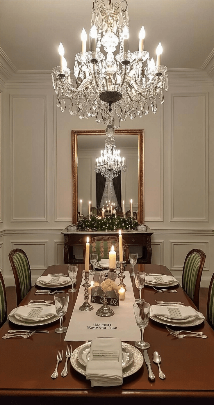 An elegant dining room with wainscoting and a crystal chandelier, softly lit by candles. A long mahogany table is set for a formal dinner with fine china and silver cutlery. At one end, a 'Christmas Name That Tune' game is staged with a speaker and scorecards. Ivory candles in silver holders line the table, and a large gold-framed mirror reflects the warm candlelight. Guests in cocktail attire are seated, engaged in the game. The color palette features deep burgundy, forest green, and gold accents.