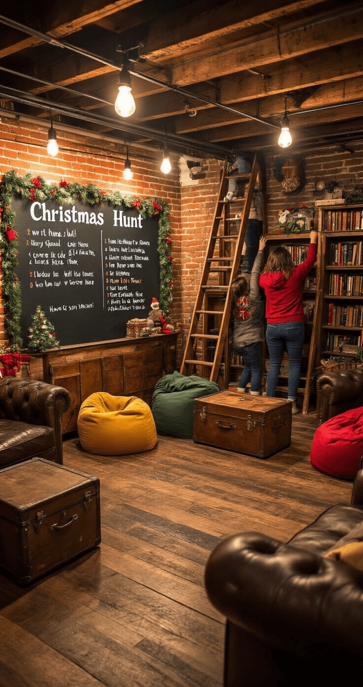 A wide-angle shot of a rustic basement rec room decorated for a Christmas scavenger hunt, featuring exposed brick walls, reclaimed wood flooring, warm ambient lighting, and multiple activity stations with vintage trunks, bookcases, and quirky holiday decor. Teams of excited guests search for hidden items, some climbing ladders, amidst overstuffed leather couches and bean bags in a cozy space with a festive color palette.