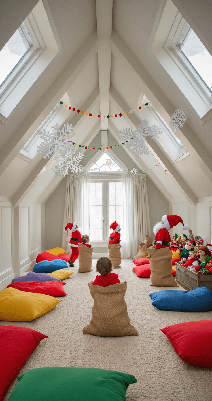 A whimsical children's playroom featuring sloped ceilings and dormer windows, transformed for a 'Santa's Sack Race' with children in elf costumes hopping in burlap sacks, colorful floor cushions lining the sides, and festive decorations including oversized paper snowflakes and garlands, all illuminated by soft natural light.