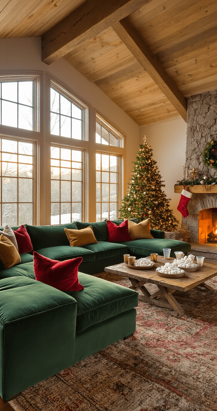 A cozy living room with vaulted ceilings, featuring a deep forest green velvet L-shaped sofa adorned with red and gold pillows, a rustic wooden coffee table with marshmallows and cups for 'Reindeer Marshmallow Madness', a crackling stone fireplace with stockings, and a twinkling 7-foot Christmas tree, all illuminated by warm afternoon sunlight streaming through bay windows.