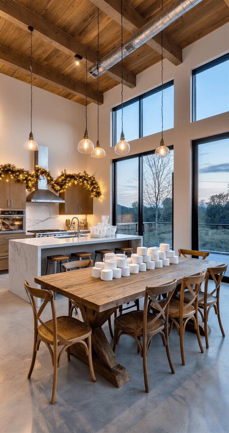 A spacious open-plan kitchen and dining area featuring polished concrete floors, industrial pendant lights, and floor-to-ceiling windows showing cool twilight. A white marble kitchen island is adorned with stacks of marshmallows for a challenge. The dining area has a long reclaimed wood table with mismatched vintage chairs, decorated with fresh pine garlands and fairy lights, all captured from a slightly elevated angle.