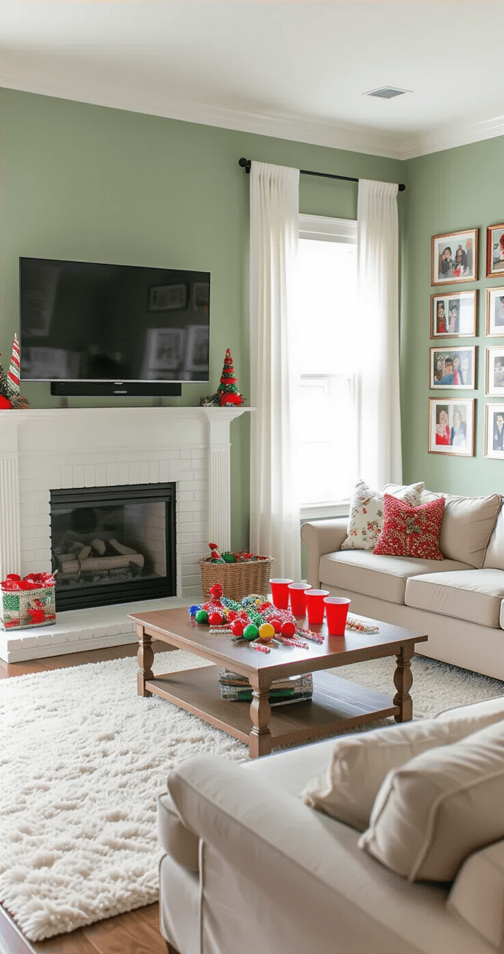 A cozy family room with sage green walls, warm beige sectional sofa, and a festive game setup for 'Ornament Olympics' featuring colorful ornaments, straws, and red Solo cups, all under bright lighting and sheer white curtains.
