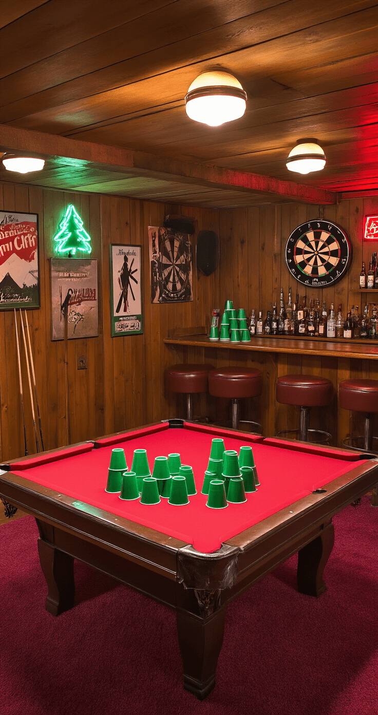 A cozy basement rec room decorated for a festive game night, featuring wood-paneled walls, deep burgundy carpeting, a red-clothed pool table piled with green plastic cups, vintage ski posters, neon beer signs, and a fully stocked bar, all bathed in warm, ambient lighting.