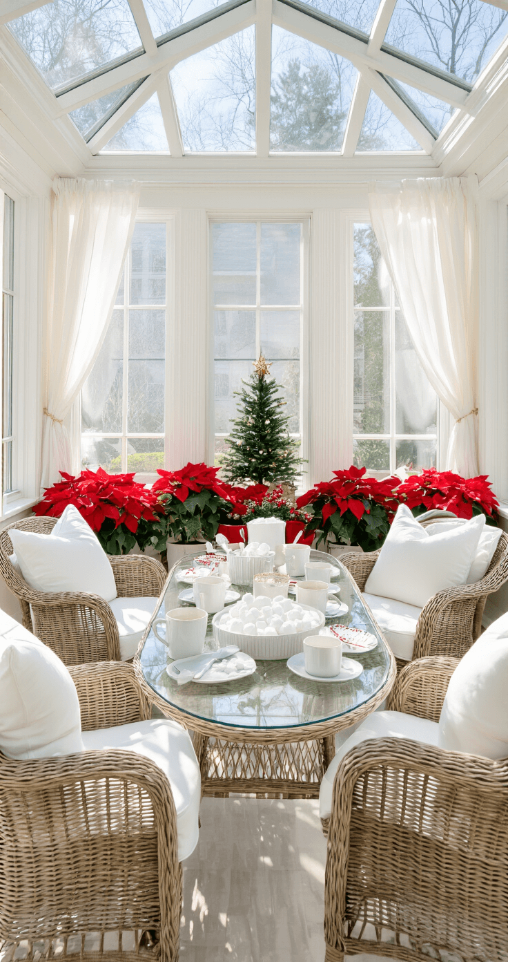 A bright sunroom with white-painted brick walls and a glass ceiling, featuring wicker furniture and a festive game setup for 'Snowball Scoop Spectacular' with marshmallows and spatulas. Potted poinsettias and a small Christmas tree add color, while gauzy curtains flutter in the breeze, all illuminated by late morning sunlight.